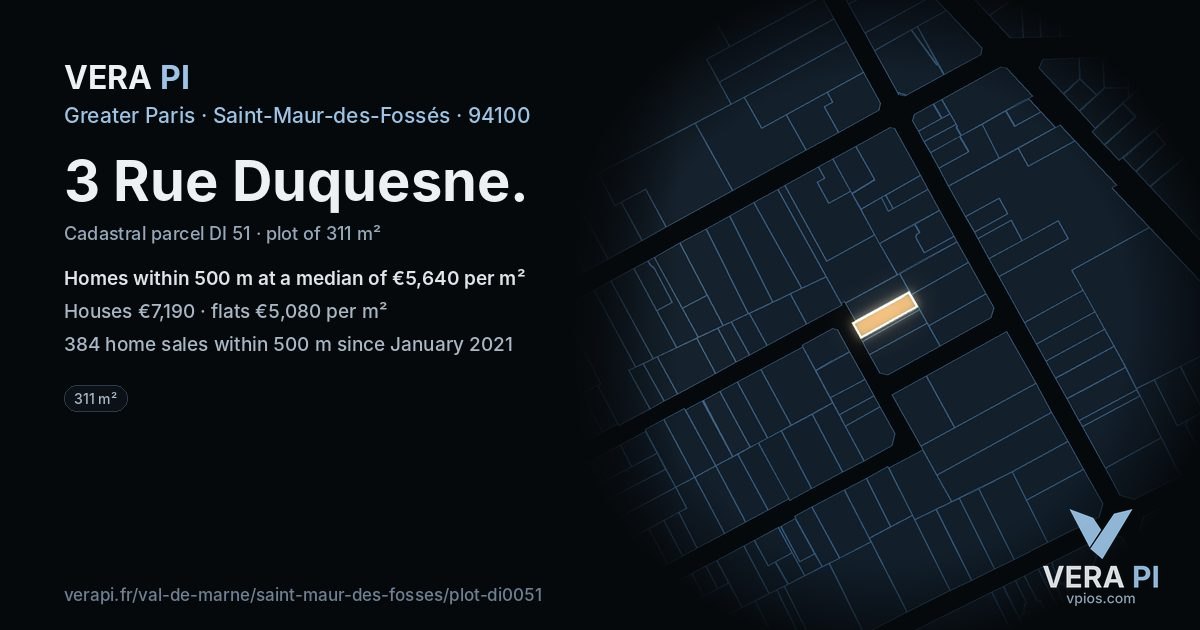 3 Rue Duquesne, Saint-Maur-des-Fossés at night – the plot lit, the parcels around coloured by the prices near them