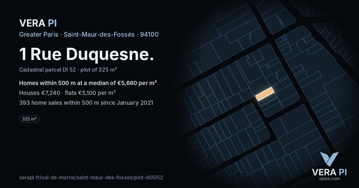1 Rue Duquesne, Saint-Maur-des-Fossés at night – the plot lit, the parcels around coloured by the prices near them