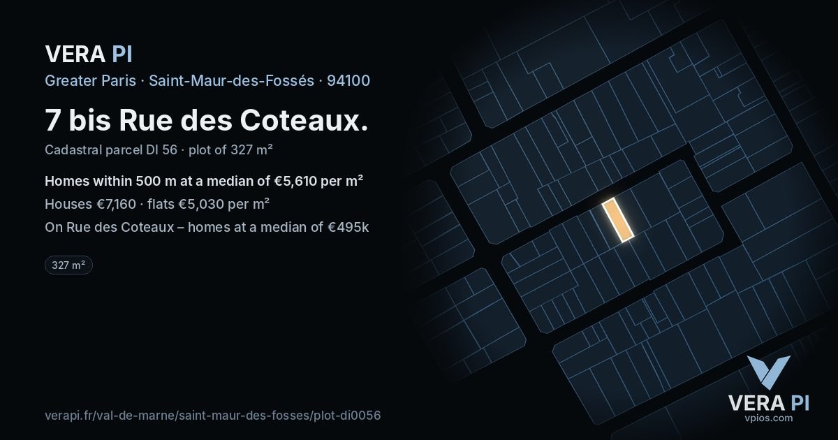 7 bis Rue des Coteaux, Saint-Maur-des-Fossés at night – the plot lit, the parcels around coloured by the prices near them