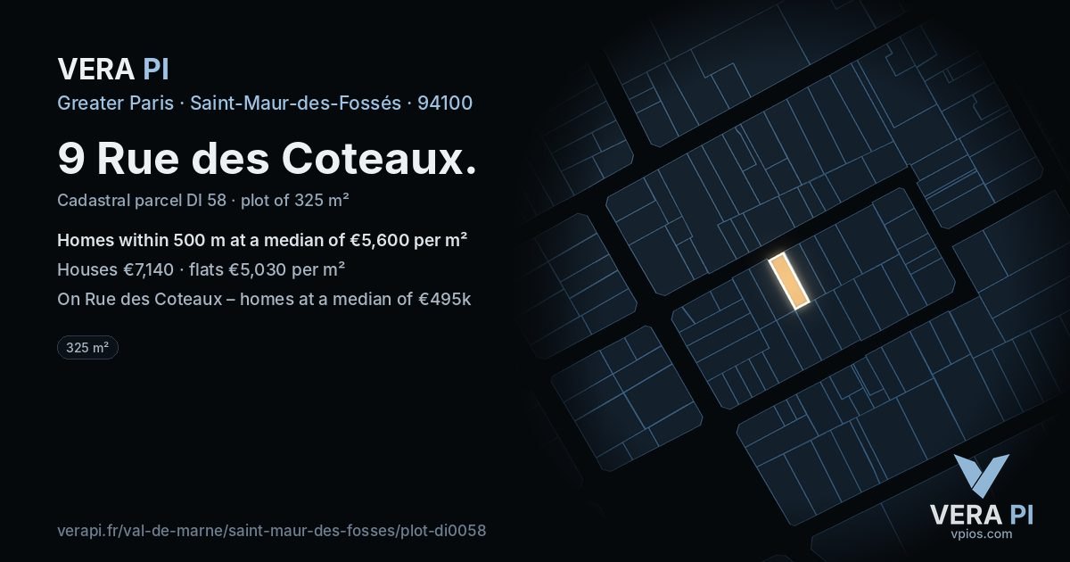 9 Rue des Coteaux, Saint-Maur-des-Fossés at night – the plot lit, the parcels around coloured by the prices near them