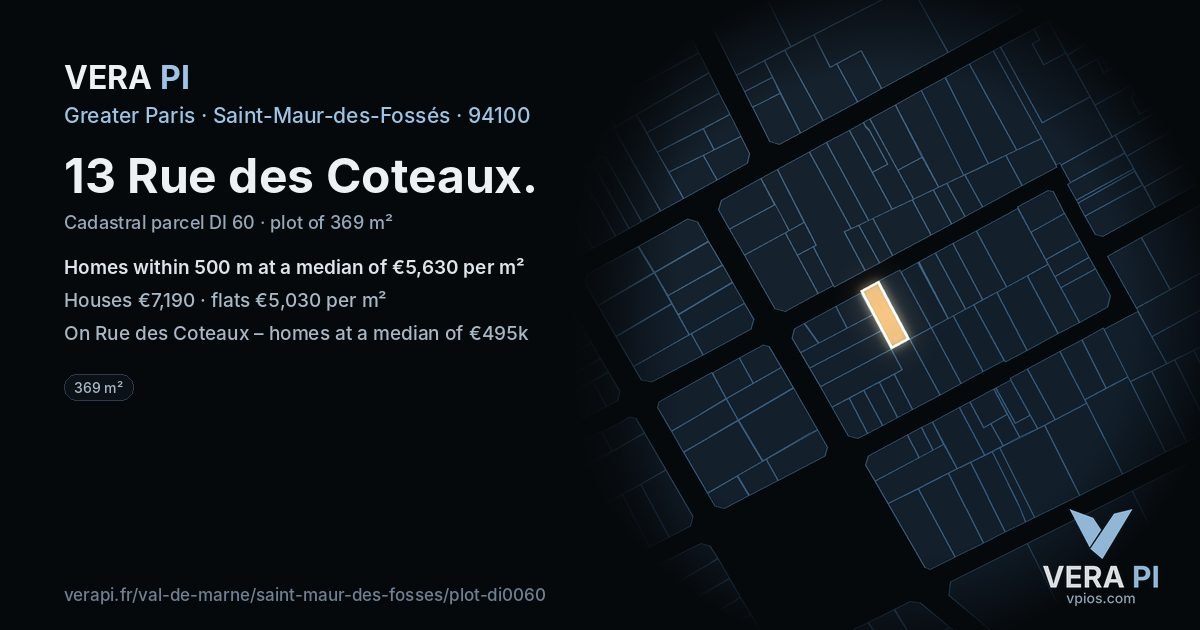 13 Rue des Coteaux, Saint-Maur-des-Fossés at night – the plot lit, the parcels around coloured by the prices near them