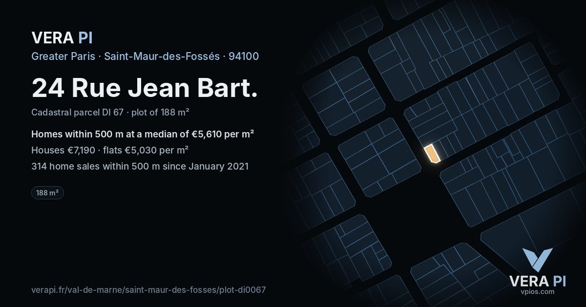 24 Rue Jean Bart, Saint-Maur-des-Fossés at night – the plot lit, the parcels around coloured by the prices near them