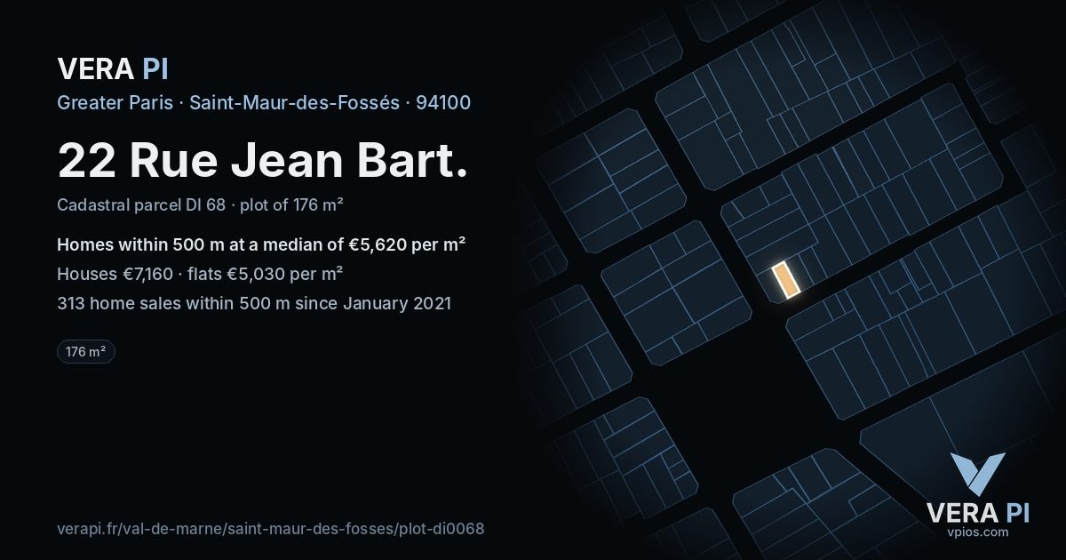 22 Rue Jean Bart, Saint-Maur-des-Fossés at night – the plot lit, the parcels around coloured by the prices near them