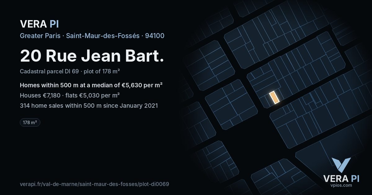 20 Rue Jean Bart, Saint-Maur-des-Fossés at night – the plot lit, the parcels around coloured by the prices near them
