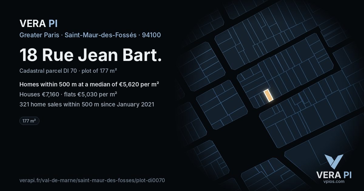18 Rue Jean Bart, Saint-Maur-des-Fossés at night – the plot lit, the parcels around coloured by the prices near them