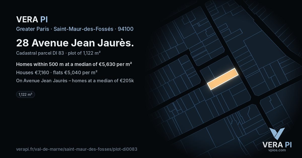 28 Avenue Jean Jaurès, Saint-Maur-des-Fossés at night – the plot lit, the parcels around coloured by the prices near them