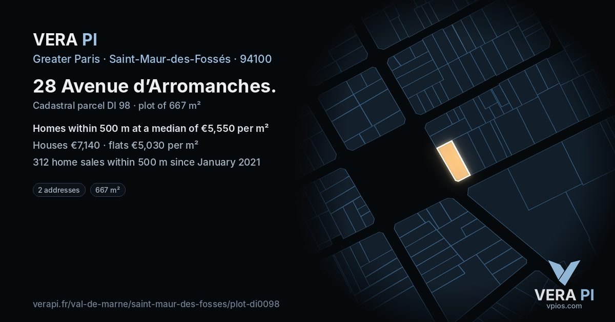 28 Avenue d’Arromanches, Saint-Maur-des-Fossés at night – the plot lit, the parcels around coloured by the prices near them