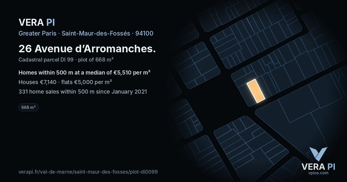 26 Avenue d’Arromanches, Saint-Maur-des-Fossés at night – the plot lit, the parcels around coloured by the prices near them