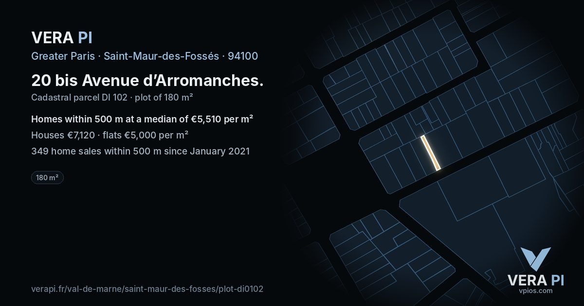 20 bis Avenue d’Arromanches, Saint-Maur-des-Fossés at night – the plot lit, the parcels around coloured by the prices near them