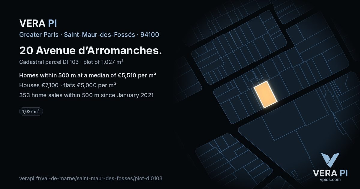 20 Avenue d’Arromanches, Saint-Maur-des-Fossés at night – the plot lit, the parcels around coloured by the prices near them