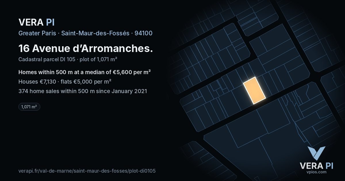 16 Avenue d’Arromanches, Saint-Maur-des-Fossés at night – the plot lit, the parcels around coloured by the prices near them
