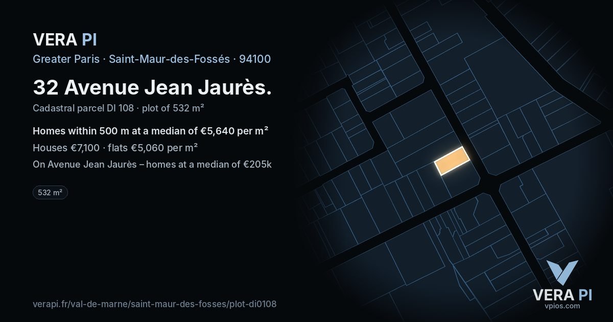 32 Avenue Jean Jaurès, Saint-Maur-des-Fossés at night – the plot lit, the parcels around coloured by the prices near them