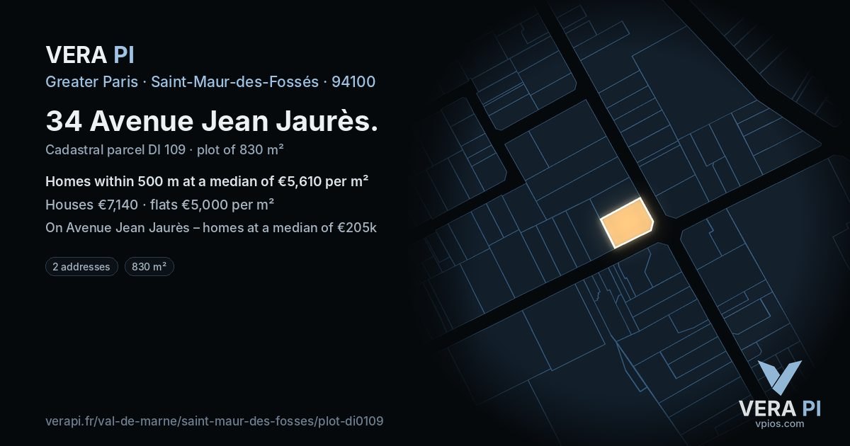34 Avenue Jean Jaurès, Saint-Maur-des-Fossés at night – the plot lit, the parcels around coloured by the prices near them