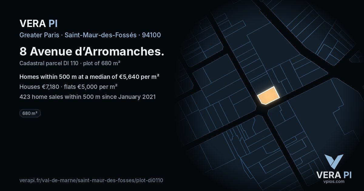 8 Avenue d’Arromanches, Saint-Maur-des-Fossés at night – the plot lit, the parcels around coloured by the prices near them