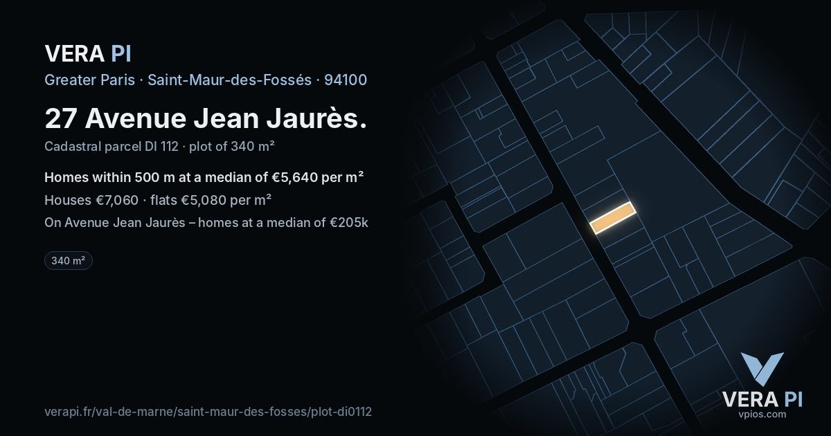 27 Avenue Jean Jaurès, Saint-Maur-des-Fossés at night – the plot lit, the parcels around coloured by the prices near them