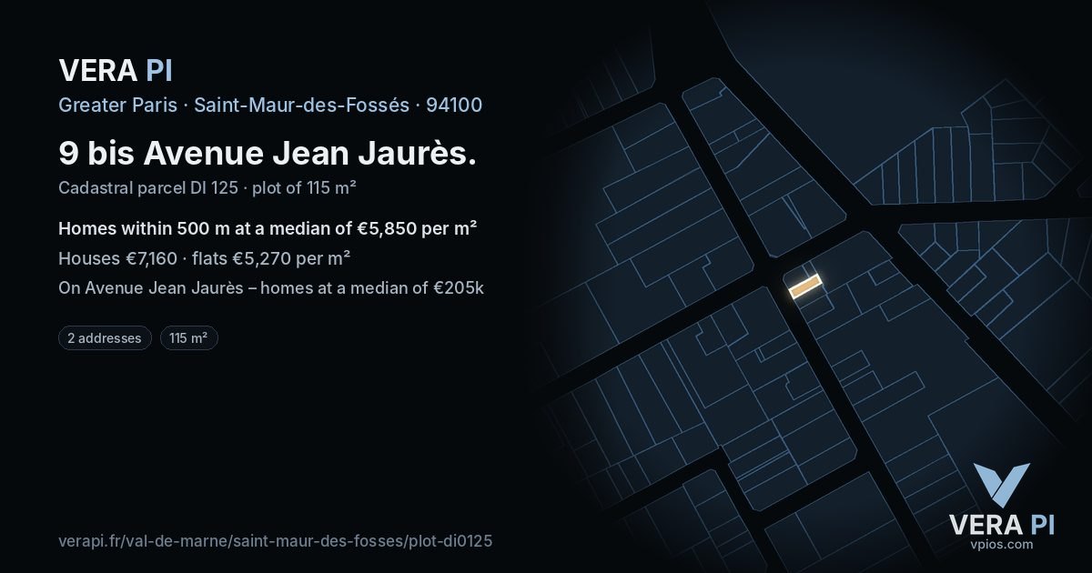 9 bis Avenue Jean Jaurès, Saint-Maur-des-Fossés at night – the plot lit, the parcels around coloured by the prices near them