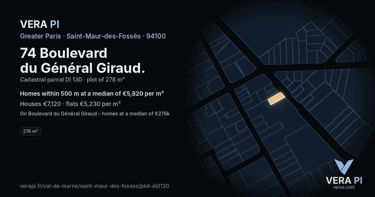 74 Boulevard du Général Giraud, Saint-Maur-des-Fossés at night – the plot lit, the parcels around coloured by the prices near them