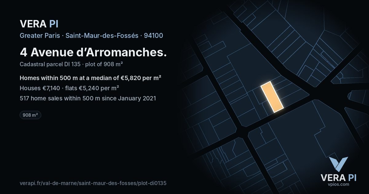 4 Avenue d’Arromanches, Saint-Maur-des-Fossés at night – the plot lit, the parcels around coloured by the prices near them