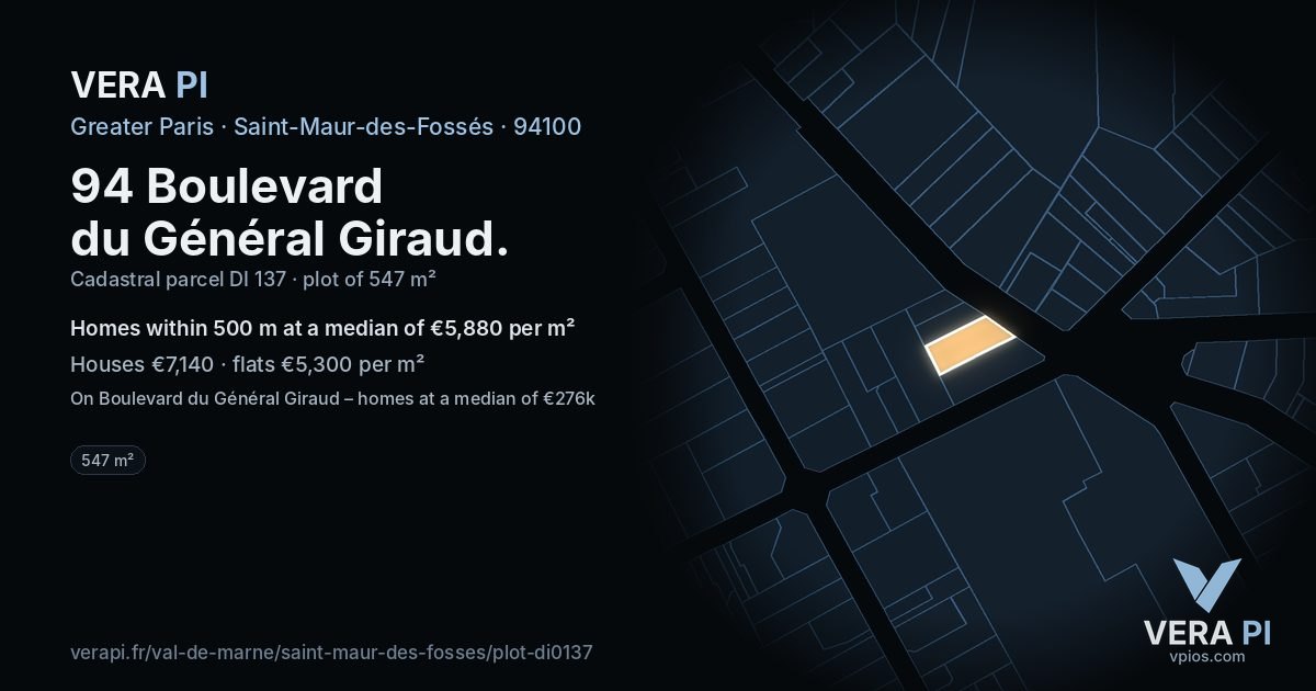 94 Boulevard du Général Giraud, Saint-Maur-des-Fossés at night – the plot lit, the parcels around coloured by the prices near them