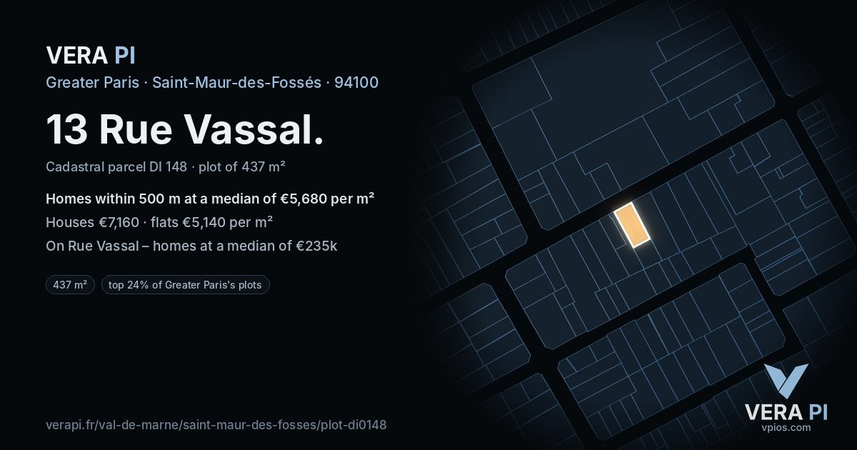 13 Rue Vassal, Saint-Maur-des-Fossés at night – the plot lit, the parcels around coloured by the prices near them