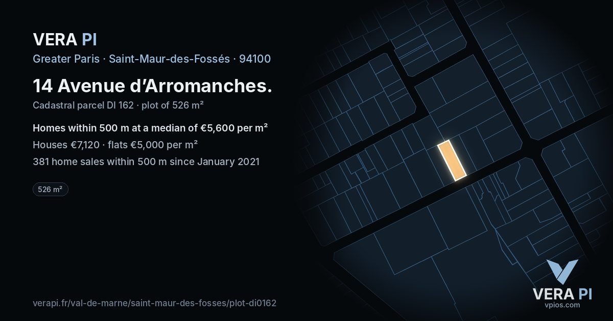 14 Avenue d’Arromanches, Saint-Maur-des-Fossés at night – the plot lit, the parcels around coloured by the prices near them