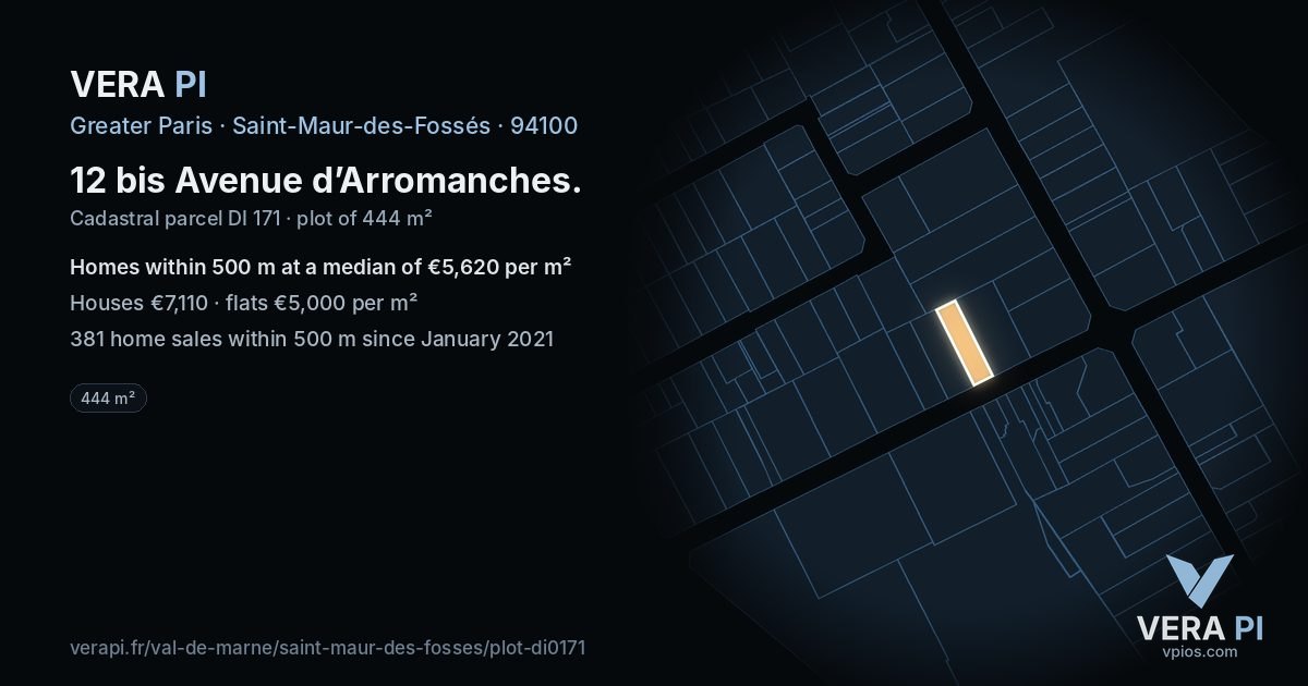 12 bis Avenue d’Arromanches, Saint-Maur-des-Fossés at night – the plot lit, the parcels around coloured by the prices near them
