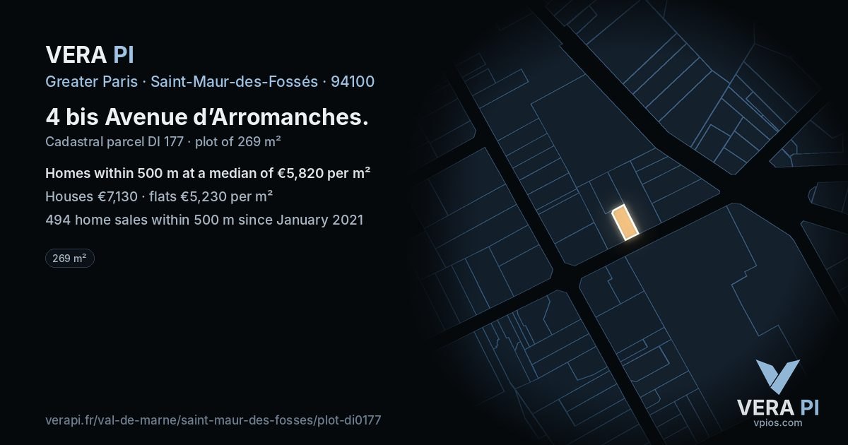 4 bis Avenue d’Arromanches, Saint-Maur-des-Fossés at night – the plot lit, the parcels around coloured by the prices near them
