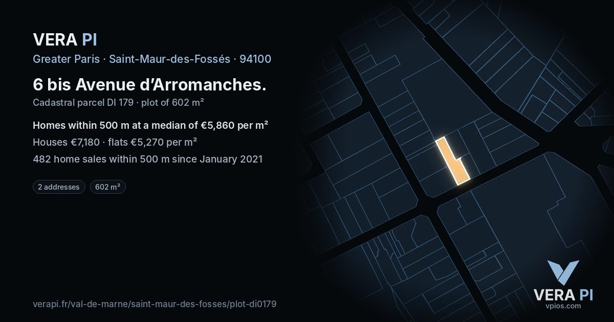 6 bis Avenue d’Arromanches, Saint-Maur-des-Fossés at night – the plot lit, the parcels around coloured by the prices near them
