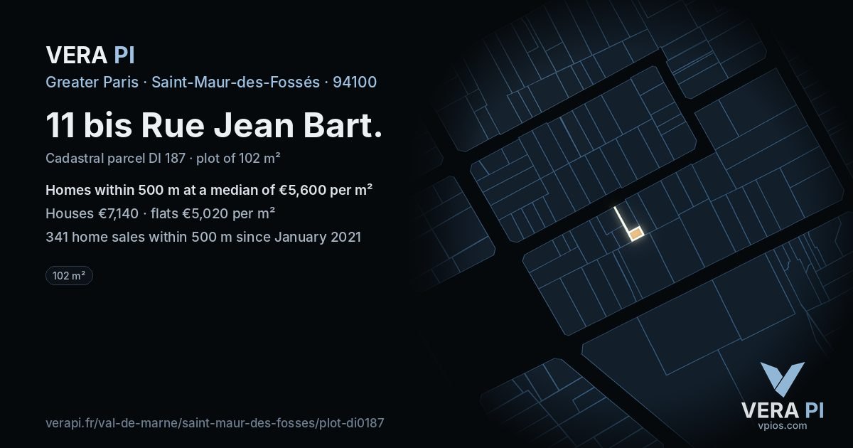 11 bis Rue Jean Bart, Saint-Maur-des-Fossés at night – the plot lit, the parcels around coloured by the prices near them