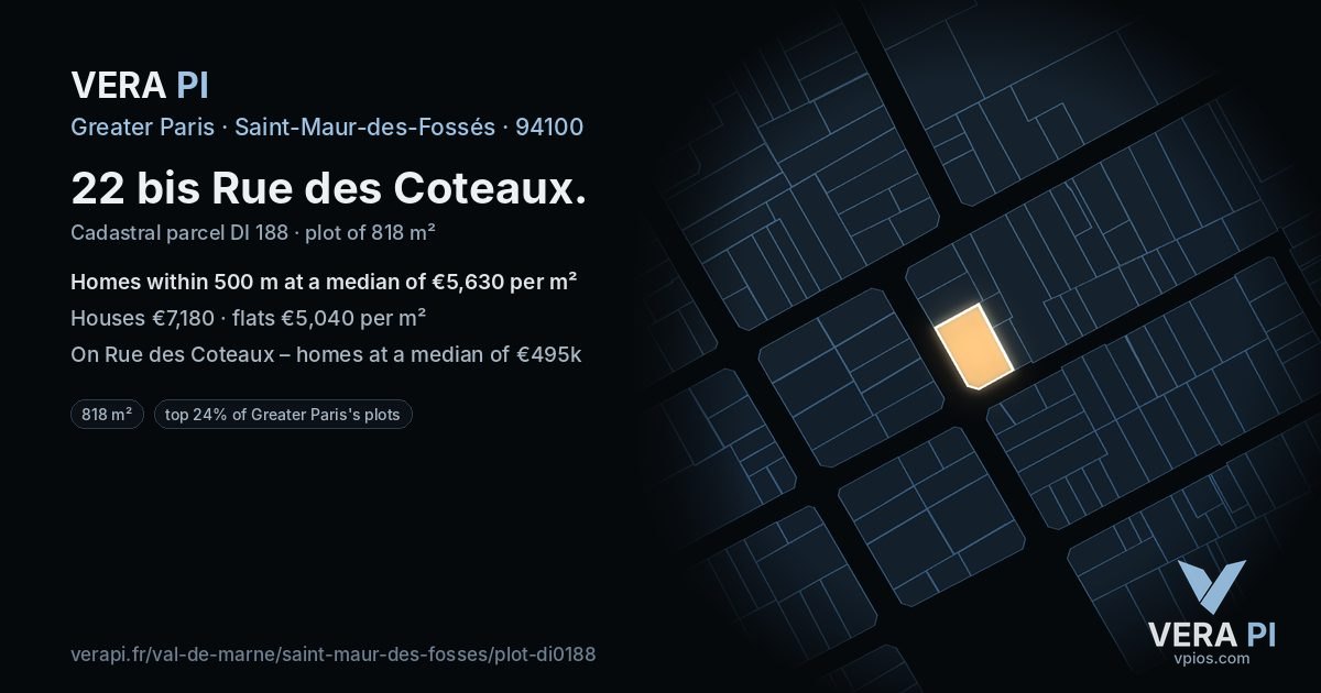 22 bis Rue des Coteaux, Saint-Maur-des-Fossés at night – the plot lit, the parcels around coloured by the prices near them