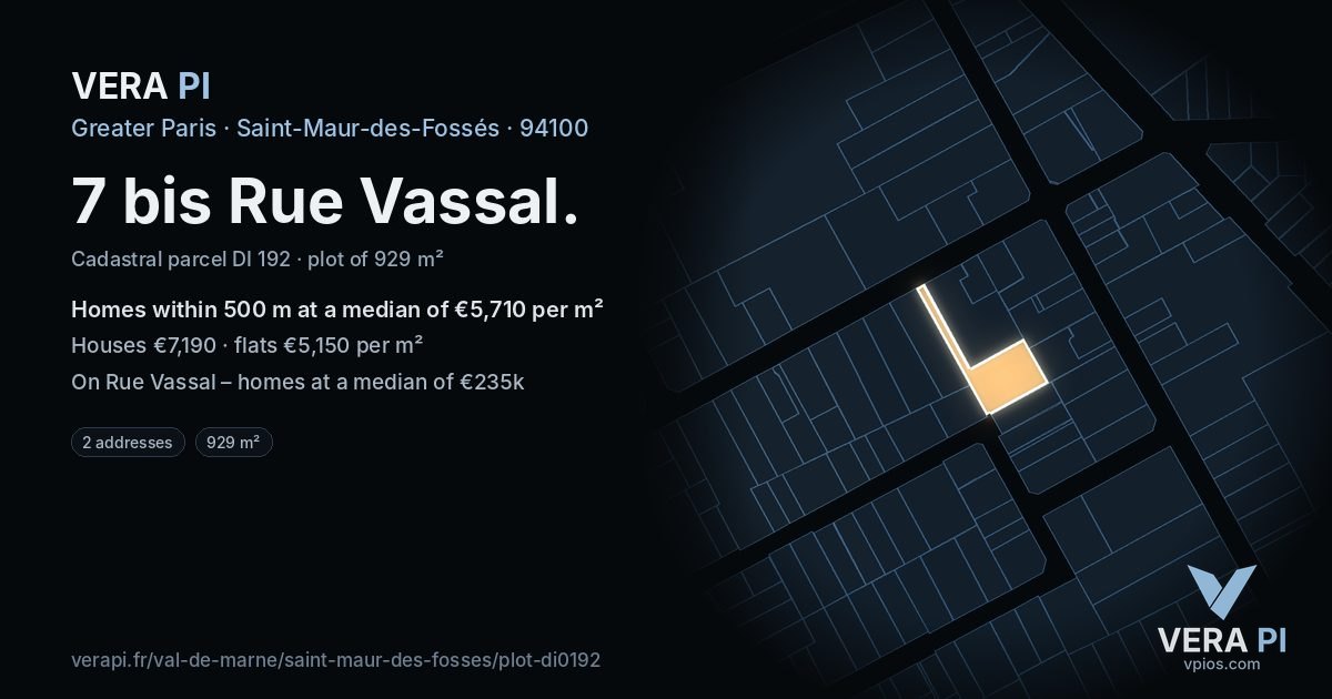7 bis Rue Vassal, Saint-Maur-des-Fossés at night – the plot lit, the parcels around coloured by the prices near them