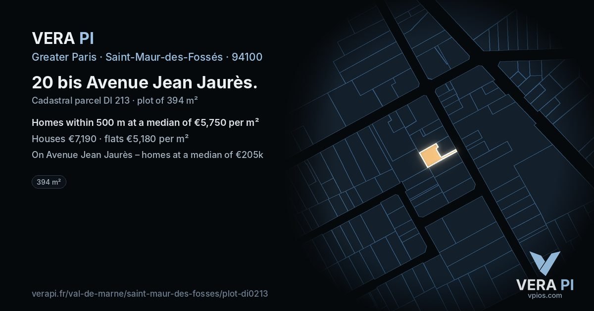 20 bis Avenue Jean Jaurès, Saint-Maur-des-Fossés at night – the plot lit, the parcels around coloured by the prices near them