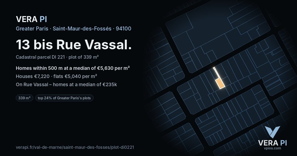 13 bis Rue Vassal, Saint-Maur-des-Fossés at night – the plot lit, the parcels around coloured by the prices near them