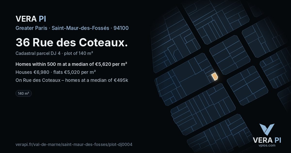 36 Rue des Coteaux, Saint-Maur-des-Fossés at night – the plot lit, the parcels around coloured by the prices near them