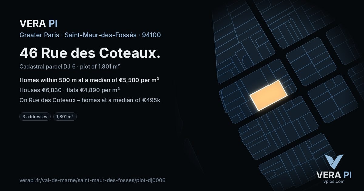 46 Rue des Coteaux, Saint-Maur-des-Fossés at night – the plot lit, the parcels around coloured by the prices near them