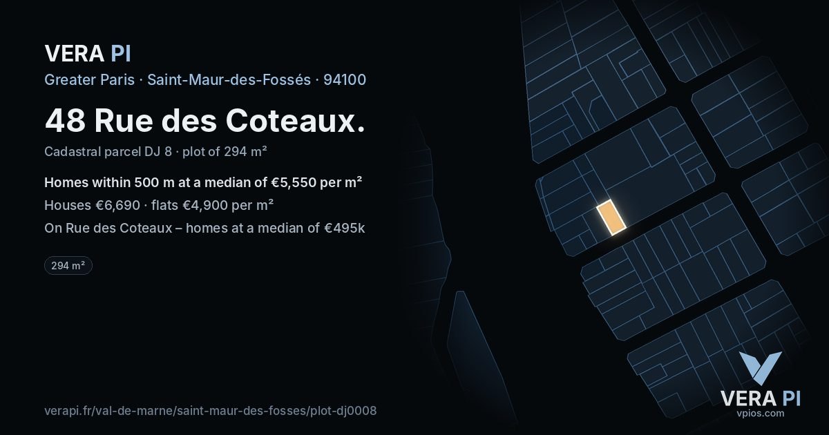 48 Rue des Coteaux, Saint-Maur-des-Fossés at night – the plot lit, the parcels around coloured by the prices near them
