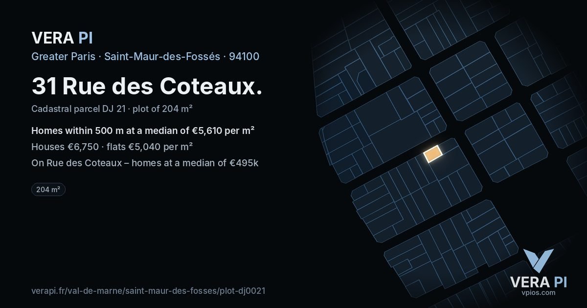 31 Rue des Coteaux, Saint-Maur-des-Fossés at night – the plot lit, the parcels around coloured by the prices near them