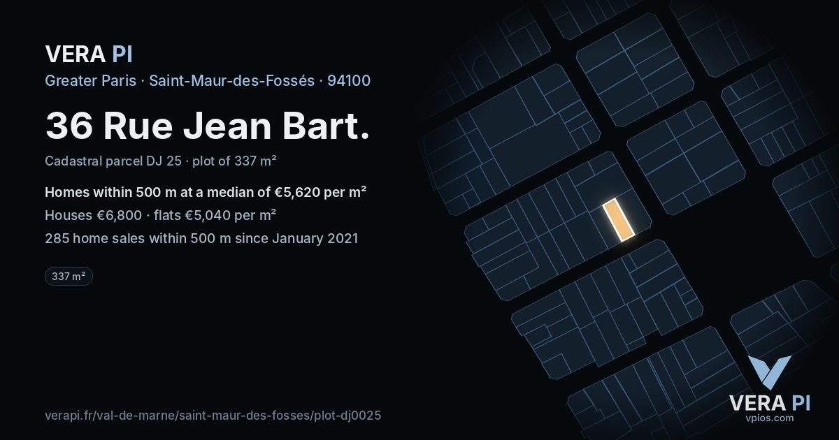 36 Rue Jean Bart, Saint-Maur-des-Fossés at night – the plot lit, the parcels around coloured by the prices near them