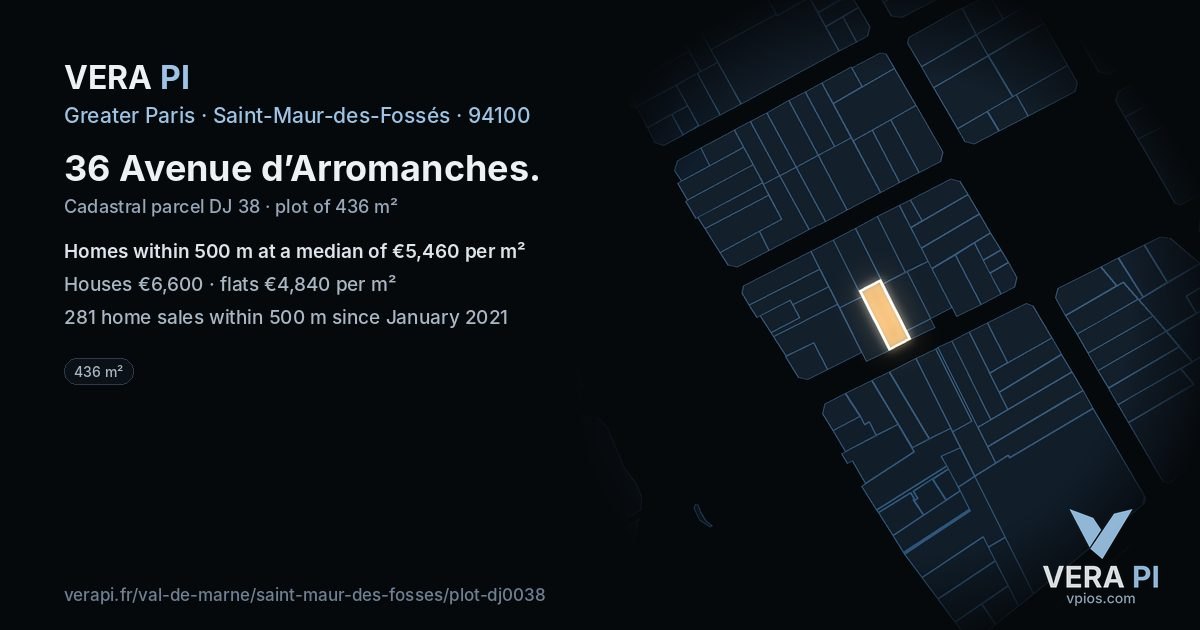 36 Avenue d’Arromanches, Saint-Maur-des-Fossés at night – the plot lit, the parcels around coloured by the prices near them