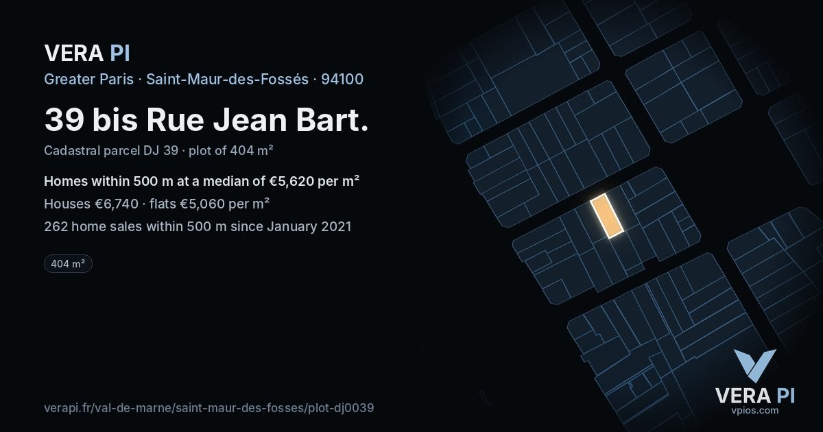 39 bis Rue Jean Bart, Saint-Maur-des-Fossés at night – the plot lit, the parcels around coloured by the prices near them