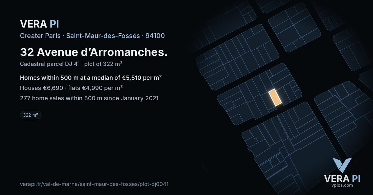 32 Avenue d’Arromanches, Saint-Maur-des-Fossés at night – the plot lit, the parcels around coloured by the prices near them