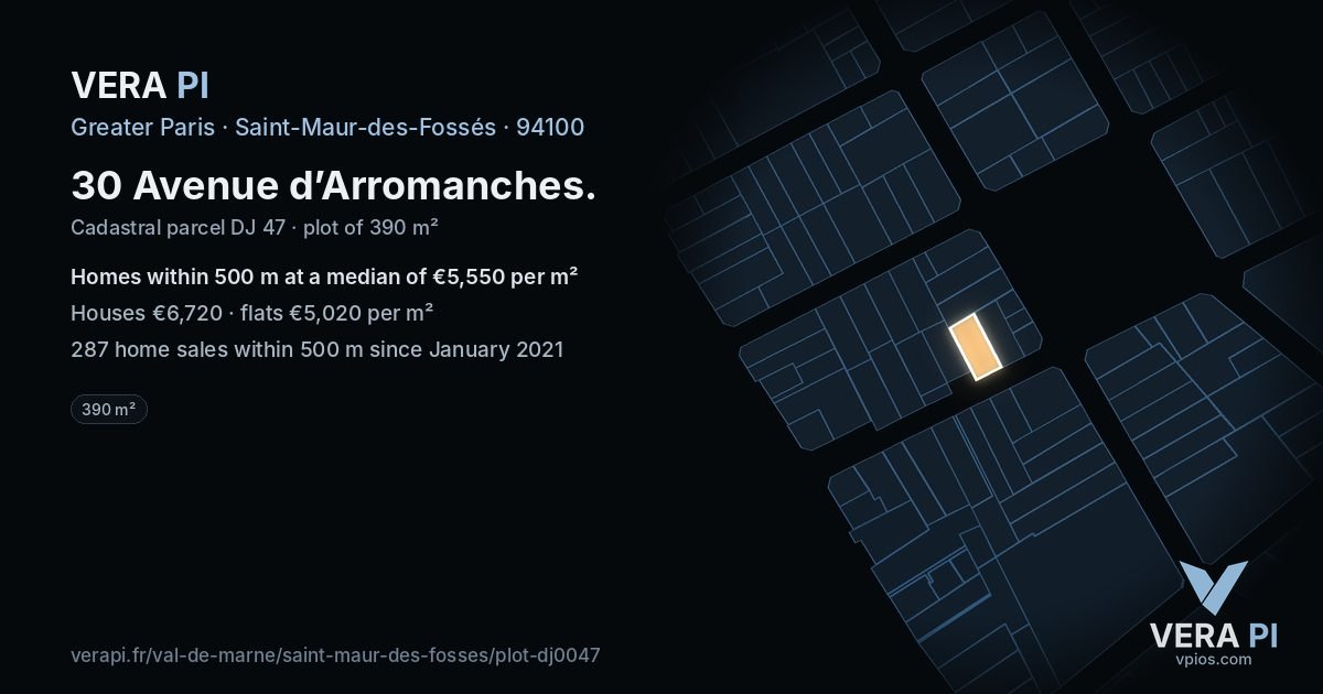 30 Avenue d’Arromanches, Saint-Maur-des-Fossés at night – the plot lit, the parcels around coloured by the prices near them