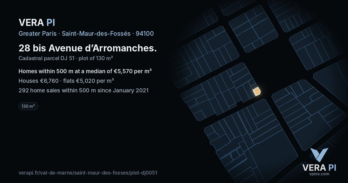 28 bis Avenue d’Arromanches, Saint-Maur-des-Fossés at night – the plot lit, the parcels around coloured by the prices near them