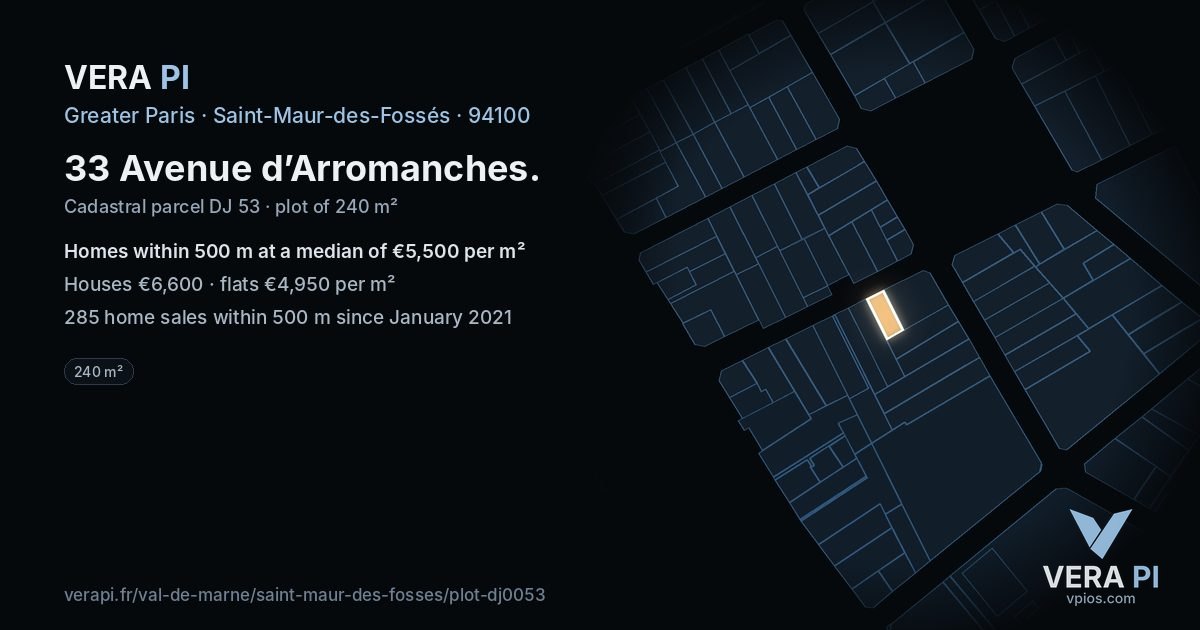33 Avenue d’Arromanches, Saint-Maur-des-Fossés at night – the plot lit, the parcels around coloured by the prices near them