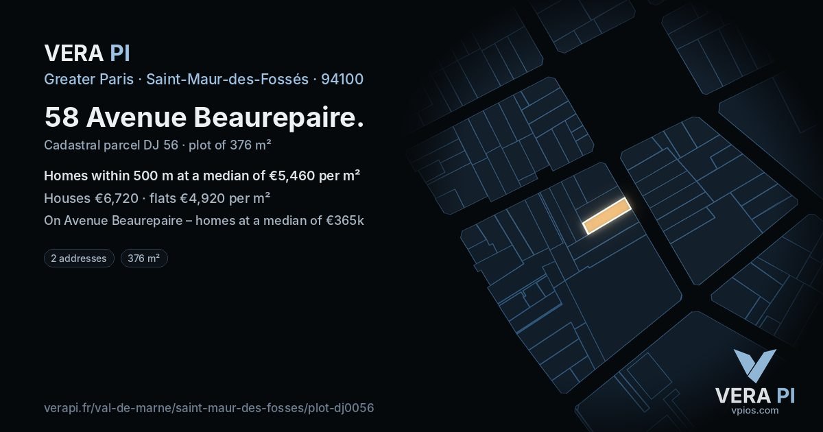58 Avenue Beaurepaire, Saint-Maur-des-Fossés at night – the plot lit, the parcels around coloured by the prices near them