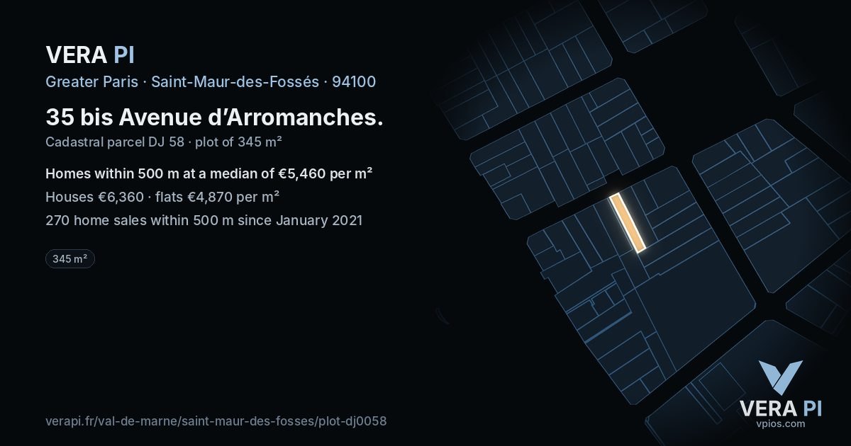 35 bis Avenue d’Arromanches, Saint-Maur-des-Fossés at night – the plot lit, the parcels around coloured by the prices near them