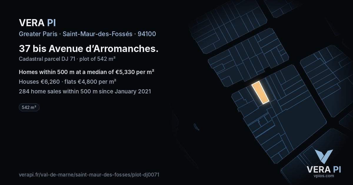 37 bis Avenue d’Arromanches, Saint-Maur-des-Fossés at night – the plot lit, the parcels around coloured by the prices near them