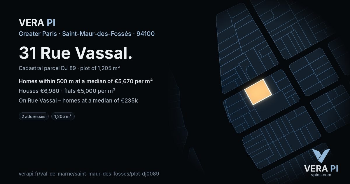 31 Rue Vassal, Saint-Maur-des-Fossés at night – the plot lit, the parcels around coloured by the prices near them