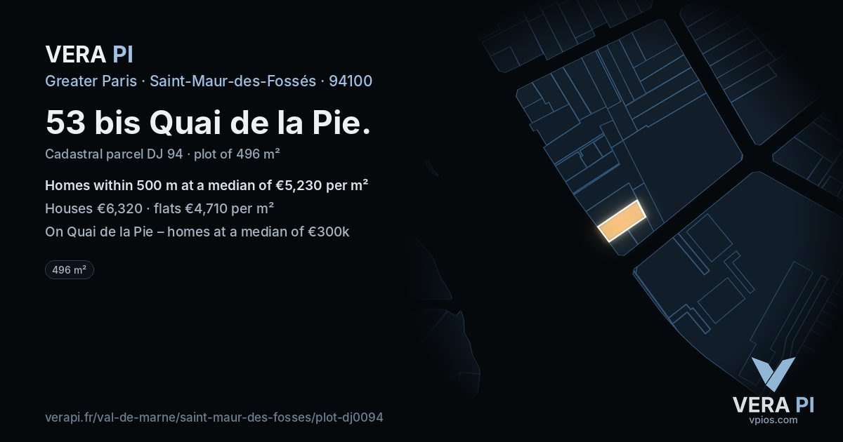 53 bis Quai de la Pie, Saint-Maur-des-Fossés at night – the plot lit, the parcels around coloured by the prices near them