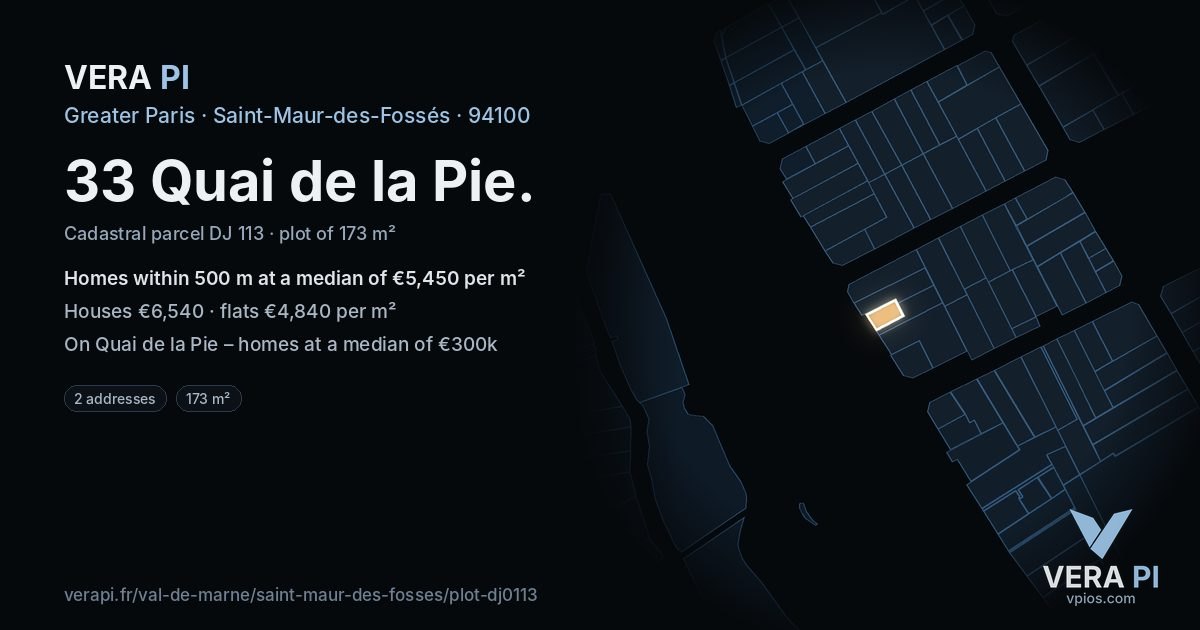33 Quai de la Pie, Saint-Maur-des-Fossés at night – the plot lit, the parcels around coloured by the prices near them